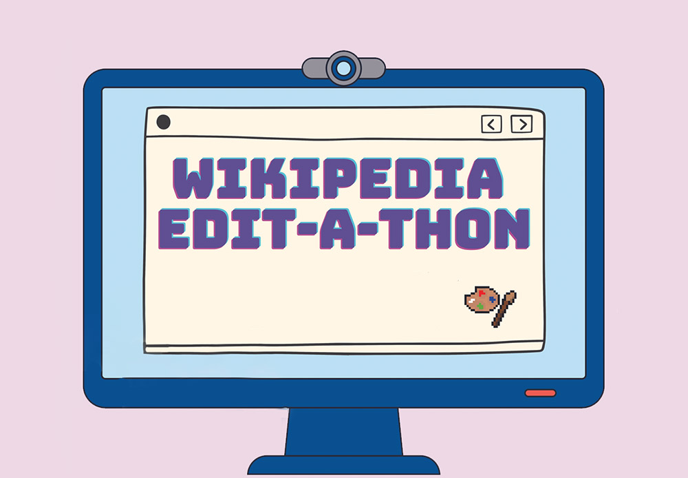 A blue desktop computer monitor on a pink background with the phrase Wikipedia Edit-A-thon emblazoned on the screen.
