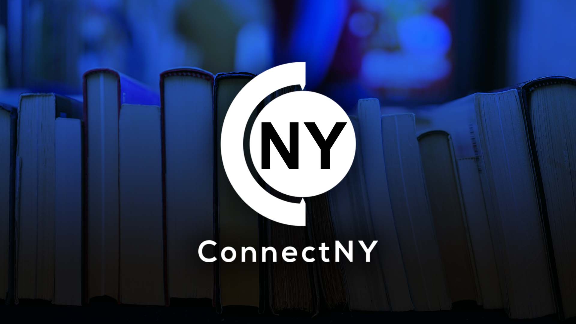 ConnectNY brand on a blue background of books