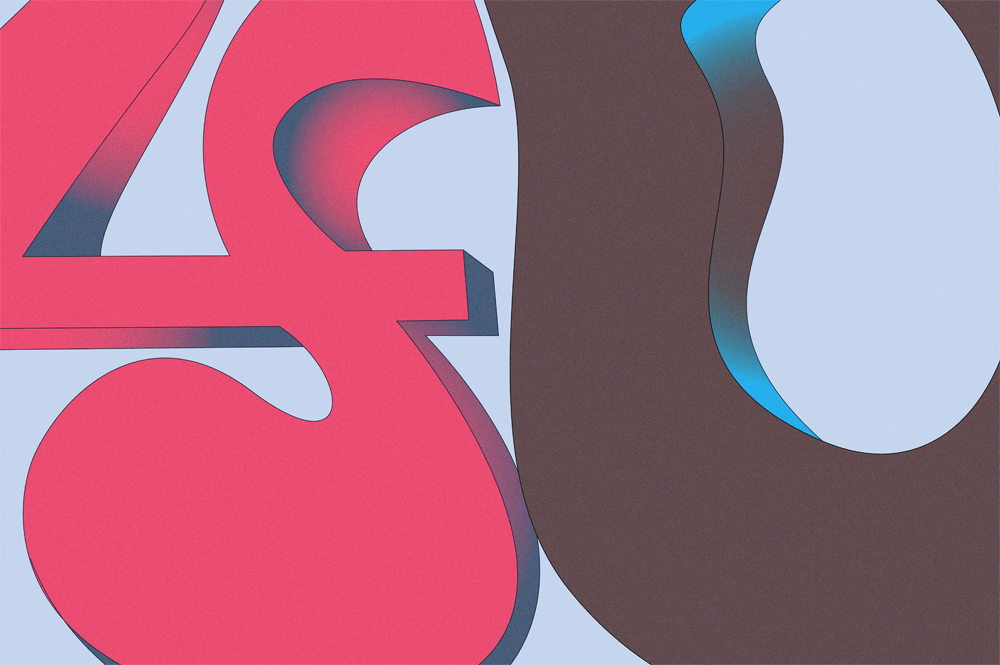 a red and brown abstract of a '4' and '6' on a blue background