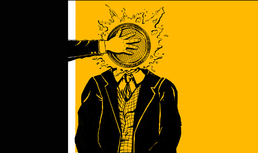 a figure of a man in a suit with an arm slapping a pie in his face